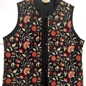 Orvis Women's Quilted Waistcoat Vest Black Indian Batik Block Print L Reversible